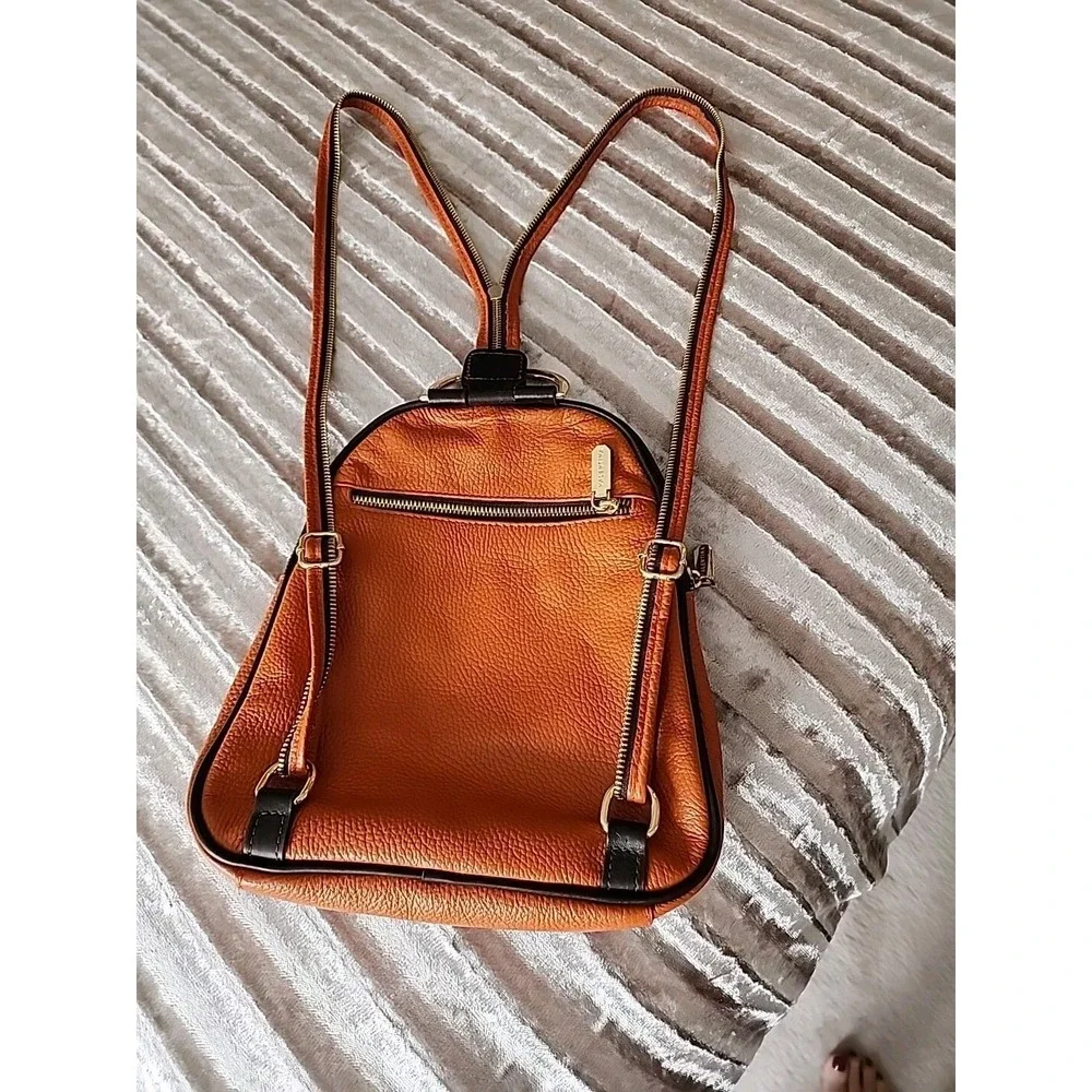 Vanentina Italian Pebbled Leather Backpack Orange W/Black LNC!